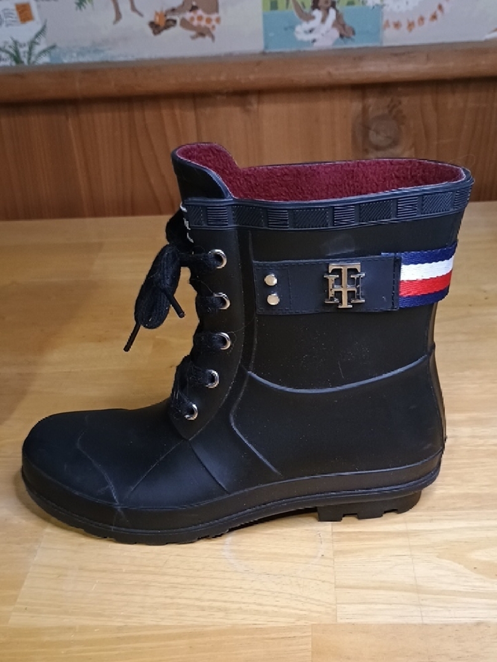 Tommy Hilfiger Black Lace-Up Mid-Calf Rain Boots with Flag Stripe - Picture 6 of 8